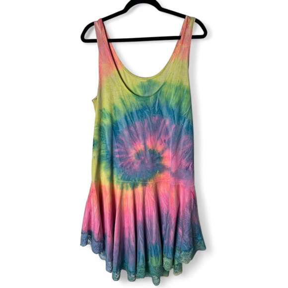 InGear - Women’s Vintage Neon Tie Dye Swing Dress Belted Lace Hem 90s‎ - Sz. L - Picture 2 of 4